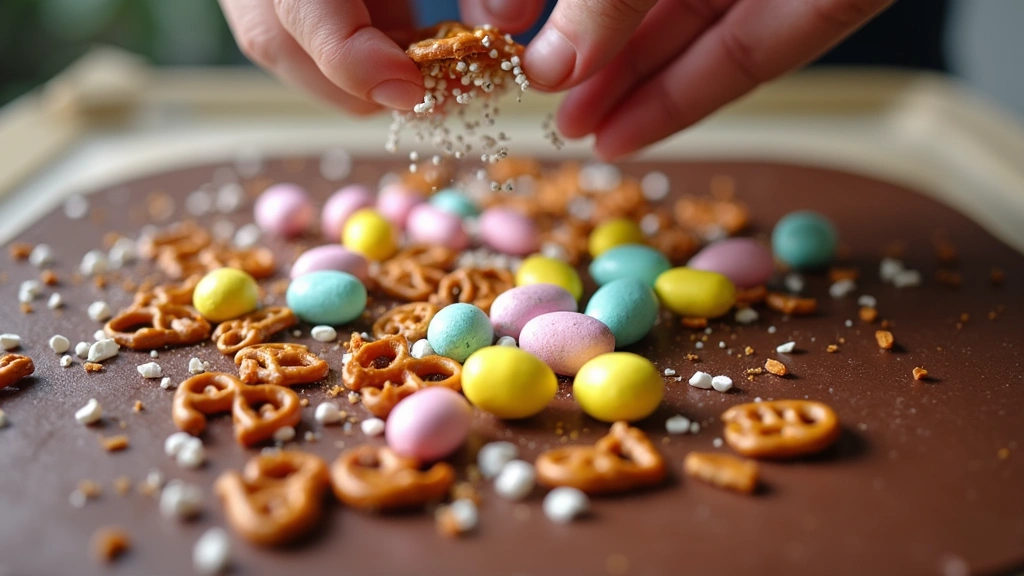 The Sweetest Holiday Bark: Mini Eggs White Chocolate Pretzels Bark (Make It in 15 Min!) - Step 5: Add Mini Eggs