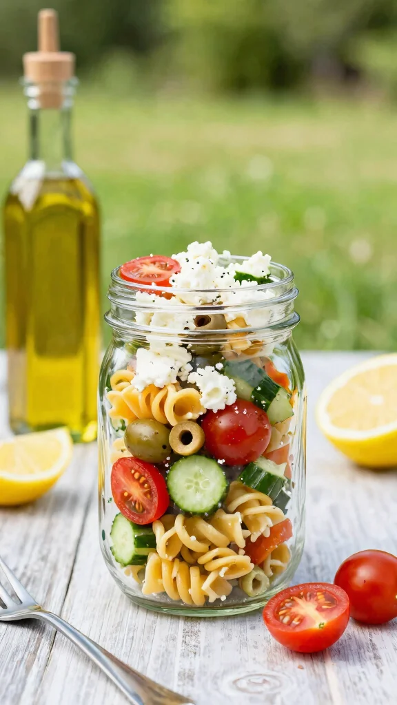 10 Mason Jar Salads for Busy Weekday Lunches - 8. Mediterranean Pasta Mason Jar Salad 1