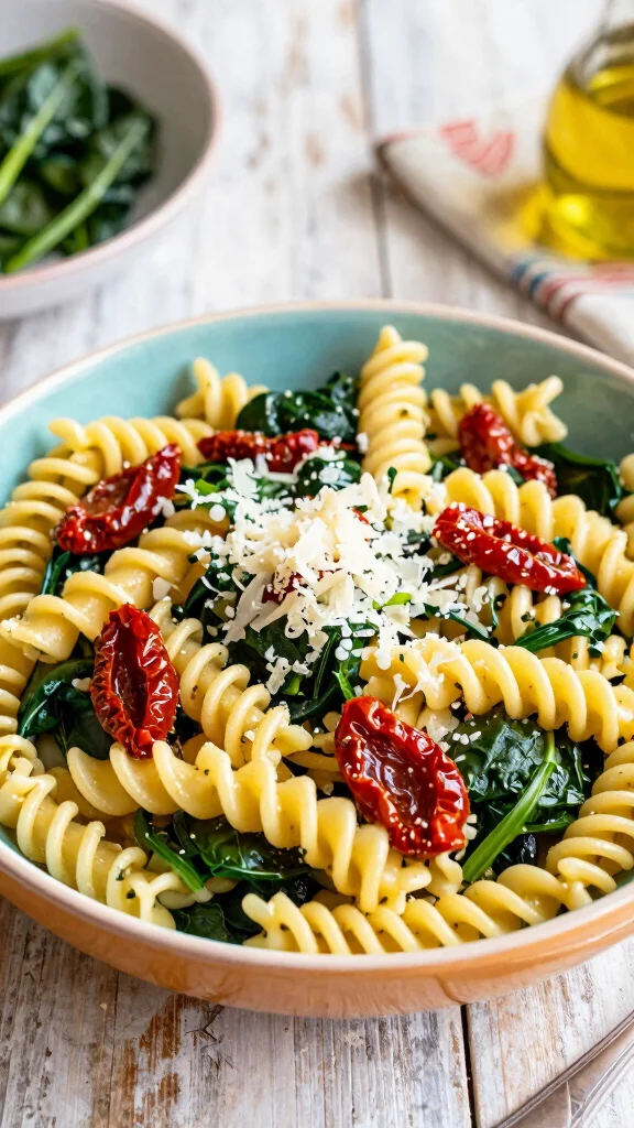 12 Salads Without Lettuce That Are Fresh and Flavorful - 6. Pasta Salad with Sun-Dried Tomatoes and Spinach 1