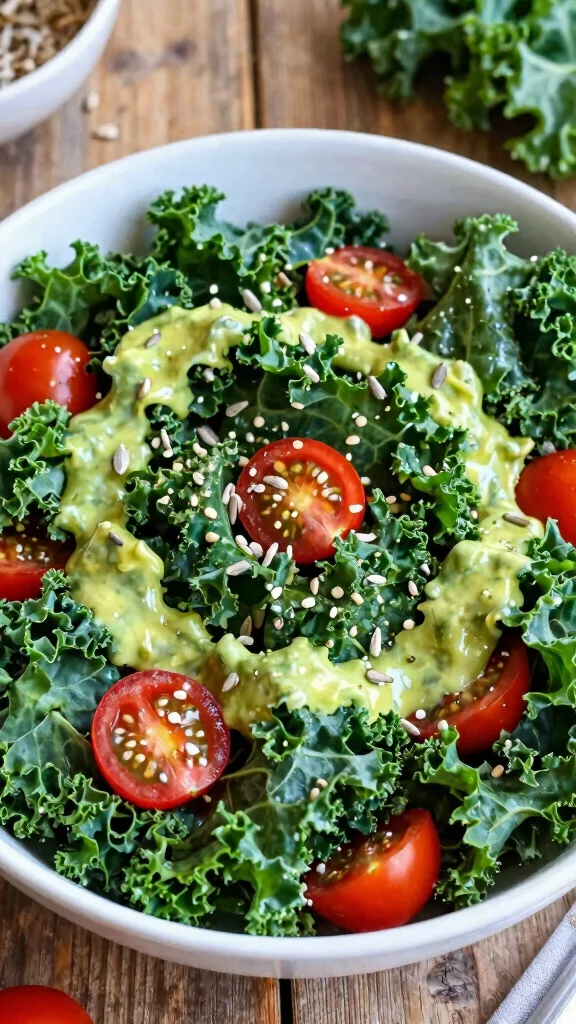 12 Salads and Dressings for Crisp Homemade Meals - 10. Kale Salad with Creamy Avocado Dressing 1